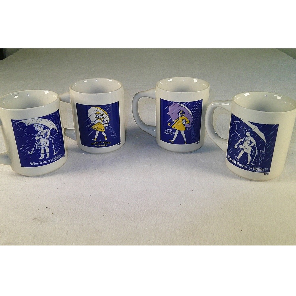 Vintage Morton Salt Girl Coffee Mugs Set of 4 When It Rains It Pours Advertising